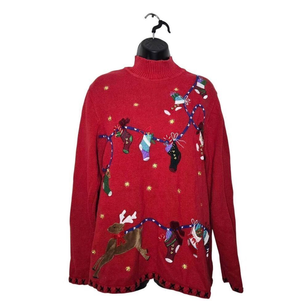 Vintage Basic Editions Holiday Sweater Size Large Red Christmas Reindeer Stockin